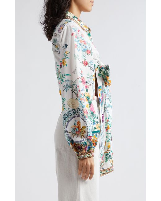 Camilla White Plumes & Parterres Print Tie Front Cotton Poplin Crop Shirt