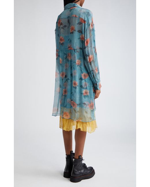R13 Blue Floral Long Sleeve Double Layer Dress