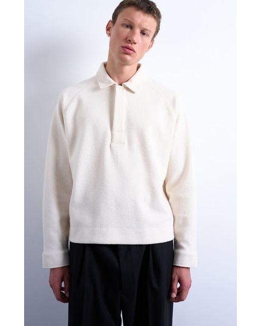 TOPMAN Men's White Textured Raglan Long Sleeve Polo