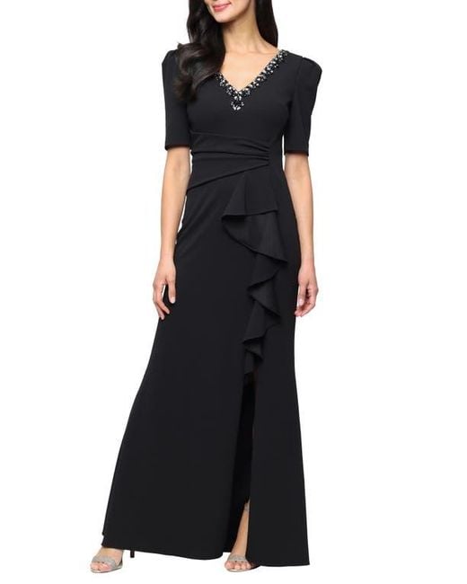 alex evenings black dress Women's Wedding Guest with V-Neck Stretch Sequin Bodice and Empire Waist (Petite and Regular Sizes) : Clothing, Shoes & Jewelry Strategic side ruching enhances the silhouette Velvet Fit and Flare Gown