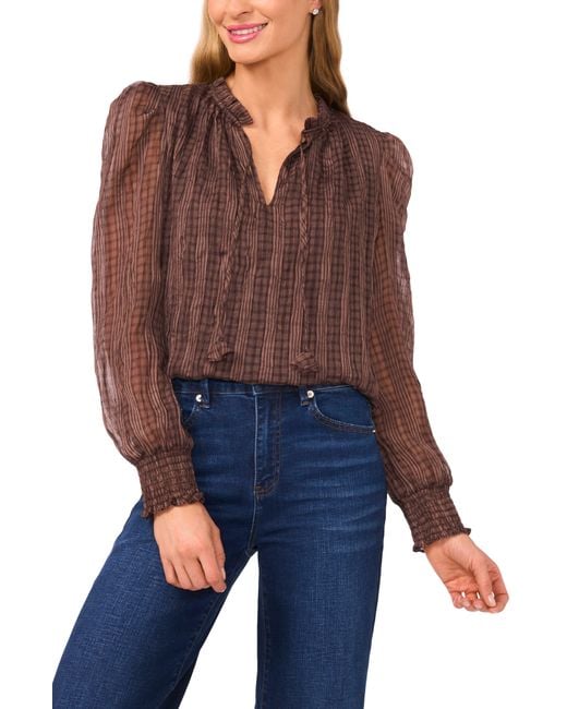 Cece Brown Mixed Print Split Neck Top