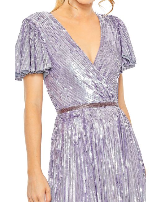 Mac Duggal Purple Sequin Floral Flutter Sleeve Gown