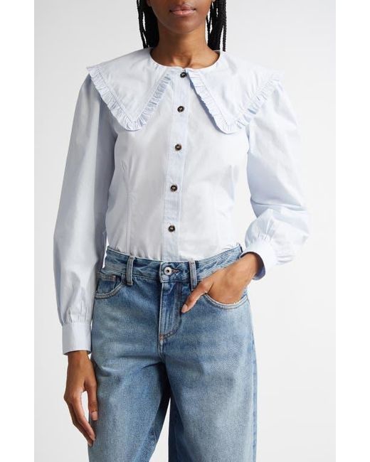 Ganni Blue Organic Cotton Poplin Ruffle Peter Pan Collar Button-Up Shirt
