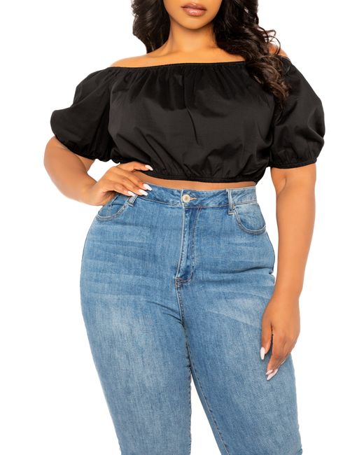Buxom Couture Black Off The Shoulder Bow Back Crop Top
