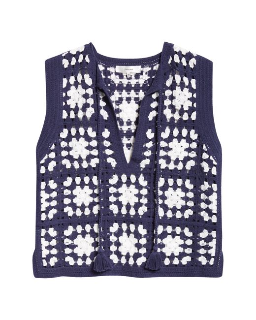 FRAME Blue Tassel Crochet Sleeveless Sweater