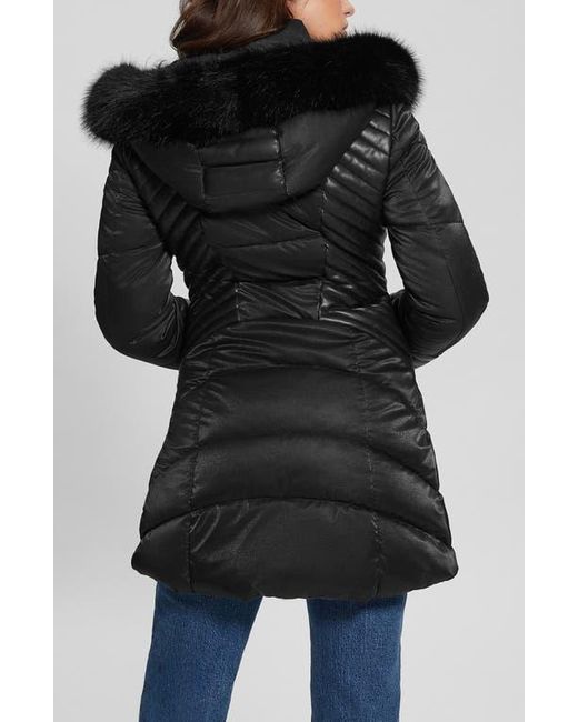 Guess Black New Oxana Mixed Media Puffer Coat