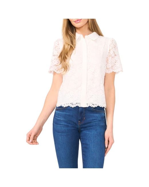 Cece Women's Blue Floral Lace Short Sleeve Button-Up Shirt