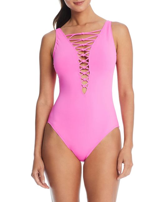 Rod Beattie Pink Let's Get Knotty Lace Down One-piece Swimsuit