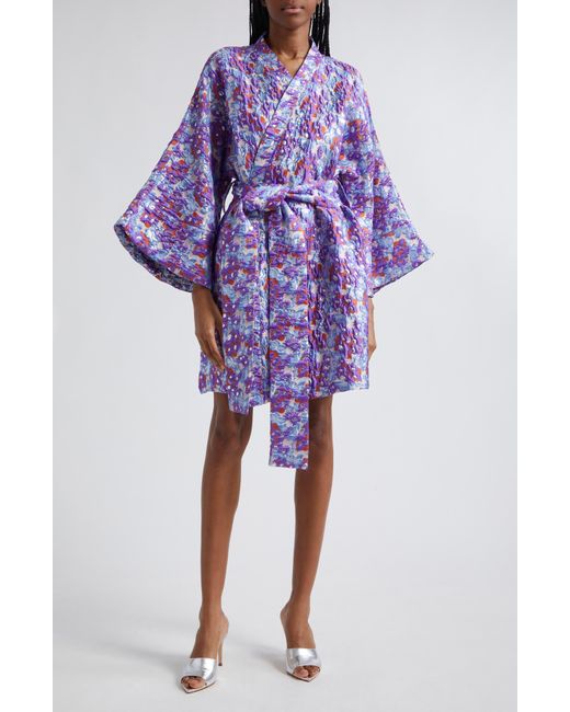 La Vie Style House Purple Floral Brocade Long Sleeve Wrap Style Dress