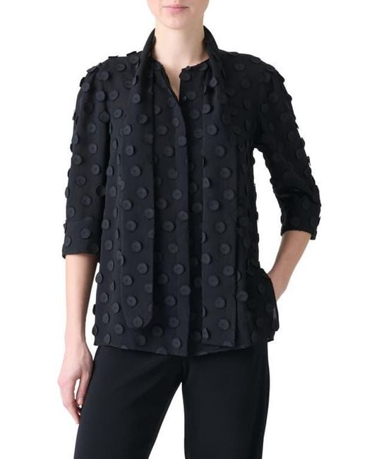 Akris Punto Black Boho Clip Dot Techno Georgette Scarf Neck Shirt