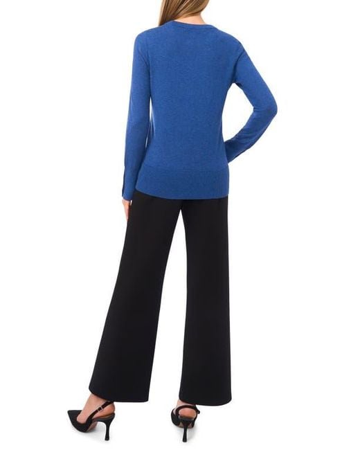 Halogen® Blue Button Cuff Crewneck Sweater