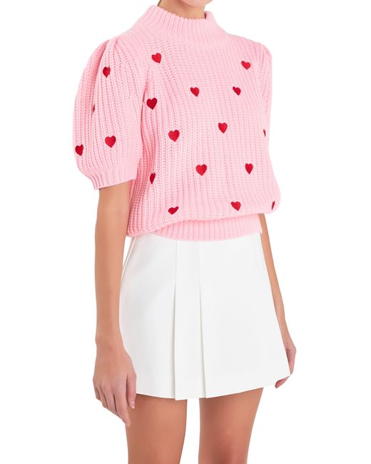 English Factory Pink Heart Embroidered Puff Sleeve Sweater