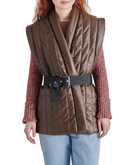 Steve Madden Brown Narcisa Belted Quilted Faux Leather Vest