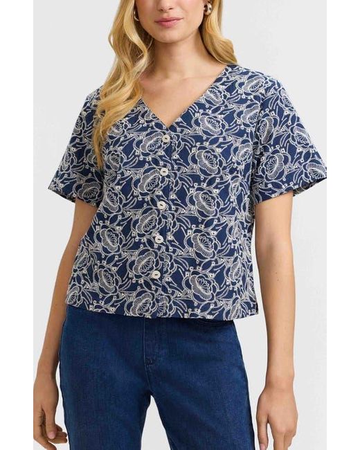 Foxcroft Blue Isabel Floral Embroidered Cotton Button-Up Top
