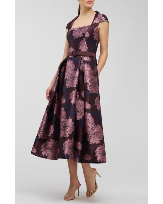 Kay Unger Red Kinsley Metallic Floral Jacquard Cocktail Dress