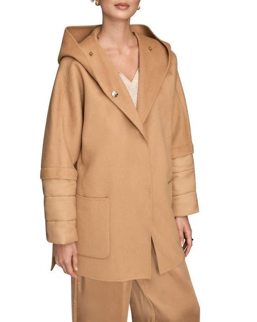 Donna Karan Natural Mixed Media Puffer Sleeve Wool Blend Coat