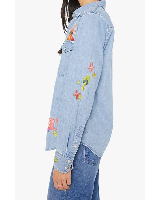 Mother Blue The Honey Embroidered Denim Snap-Up Shirt