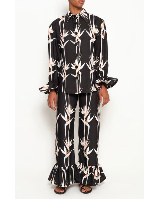 The Lulo Project Black Floral Ruffle Hem Drawstring Pants