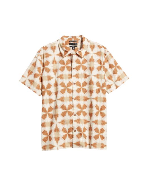 Treasure & Bond Brown Trim Fit Geo Print Short Sleeve Linen & Cotton Button-up Shirt for men