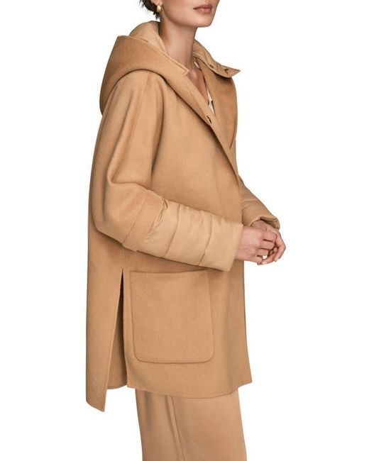Donna Karan Natural Mixed Media Puffer Sleeve Wool Blend Coat