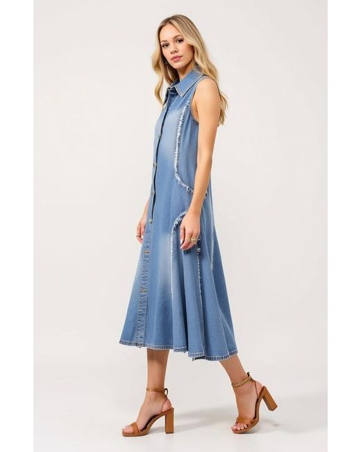 Modenaire Blue Sleeveless Denim Midi Dress With Frayed Seams And Button Front