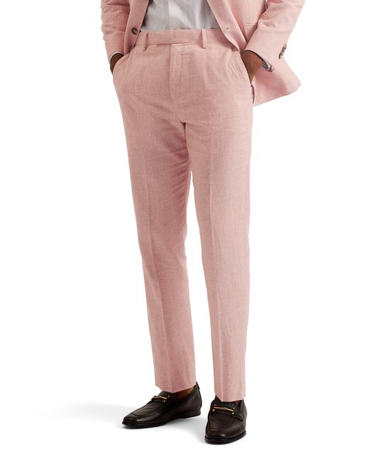 Ted Baker Pink Damasks Slim Fit Flat Front Linen & Cotton Chinos for men