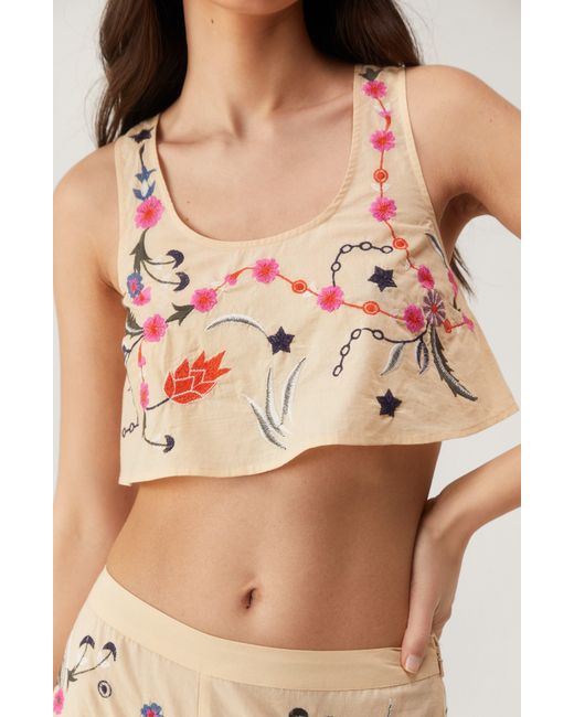 Nasty Gal Pink Floral Embroidered Cotton Crop Tank