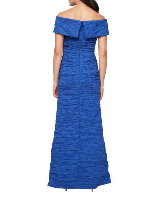Alex Evenings Women's Blue Crinkle Off The Shoulder Stretch Taffeta Gown