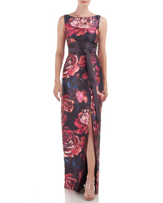 Kay Unger Carina Floral Print Column Gown in Red | Lyst
