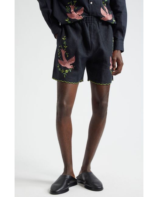 Bode Black Rosefinch Linen Shorts for men