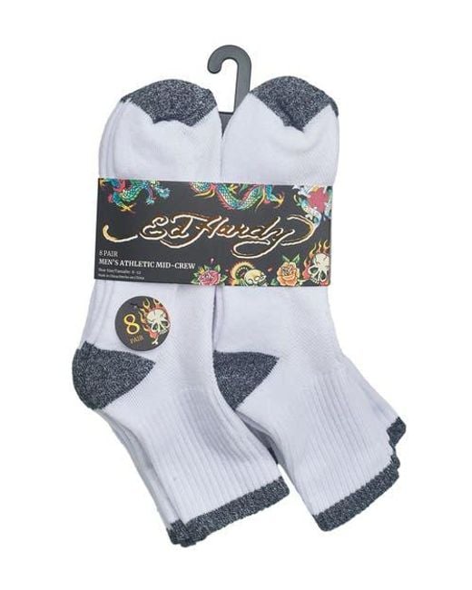 Ed Hardy White Basic Half Cushion Mid Crew Sock 8-Pack for men