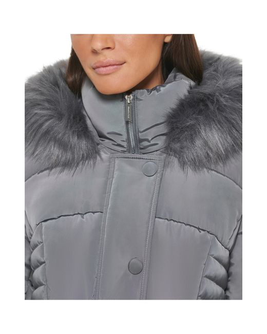Kenneth Cole Gray Memory Faux Fur Trim Hooded Puffer Coat