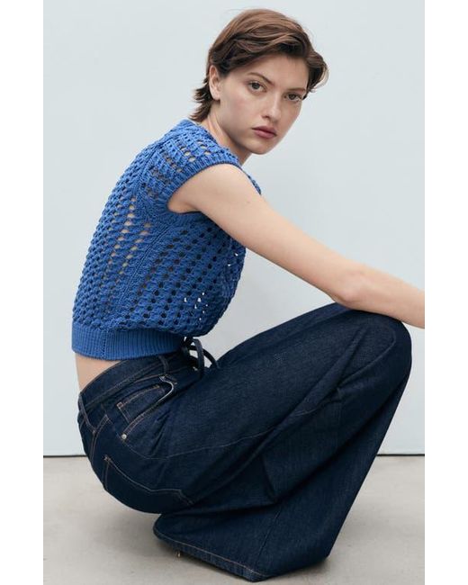 Mango Blue Short Sleeve Open Knit Sweater