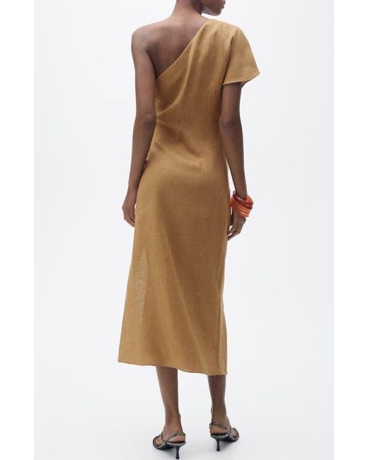 Mango Natural One-Shoulder Linen Midi Dress