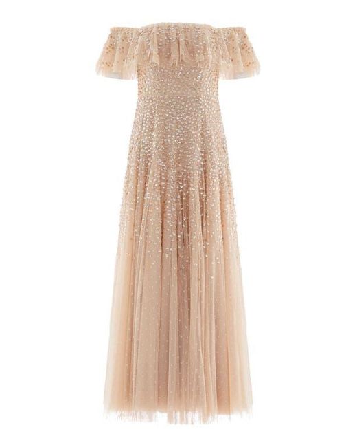 Needle & Thread Brown Dappled Sequin Off-Shoulder Ankle Gown