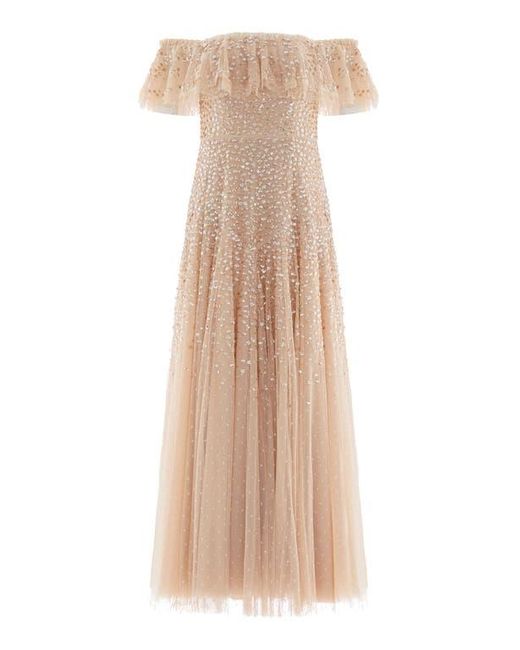 Needle & Thread Brown Dappled Sequin Off-Shoulder Ankle Gown