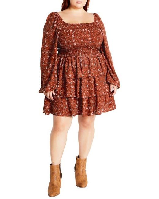 City Chic Orange Floral Print Long Sleeve Tiered Minidress