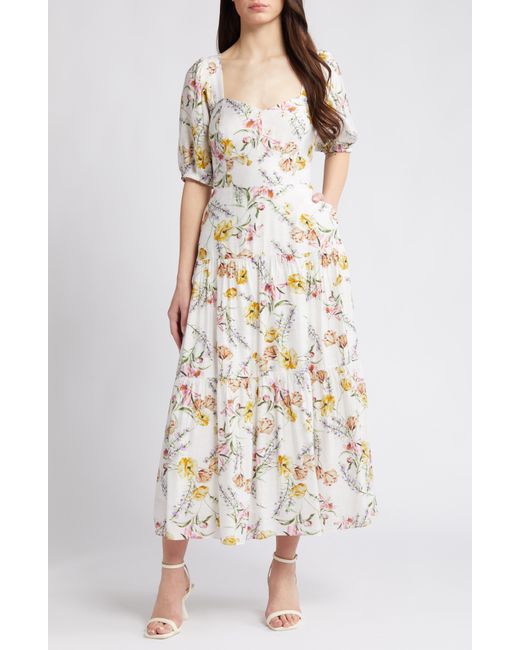 Chelsea28 Natural Floral Tiered Puff Sleeve Maxi Dress