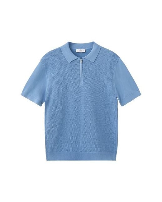 Mango Blue Solid Cotton Waffle Zip Polo Sweater for men