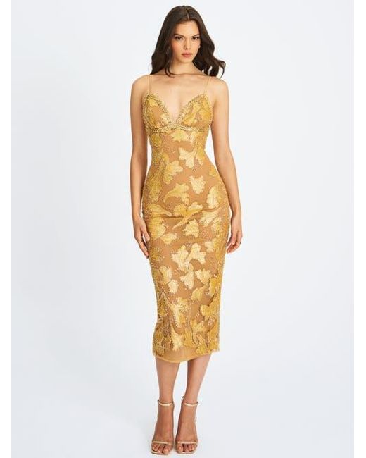 Miss Circle Metallic Edie Beaded Sequin Midi Pencil Dress