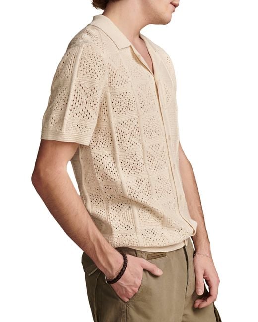 Lucky Brand Natural Short Sleeve Pointelle Knit Camp Shirt for men