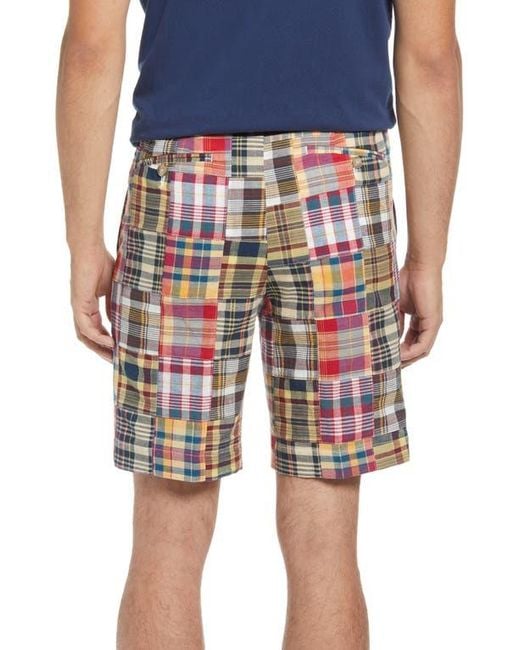 Berle Blue Patchwork Madras Flat Front Shorts for men