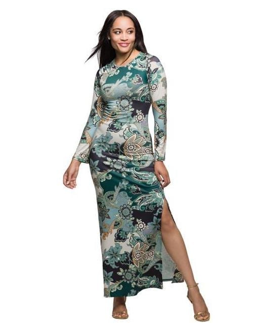 24seven Comfort Apparel Green Paisley Print Long Sleeve Side Slit Maxi Dress