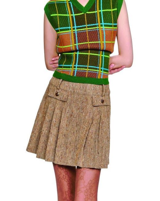 Anna Sui Green Herringbone Pleated Skirt