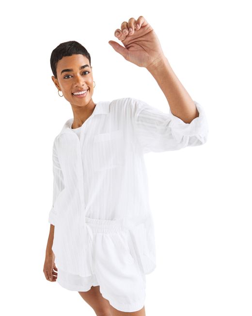 Splendid White Bloom Embroidered Stripe Cotton Button-up Shirt