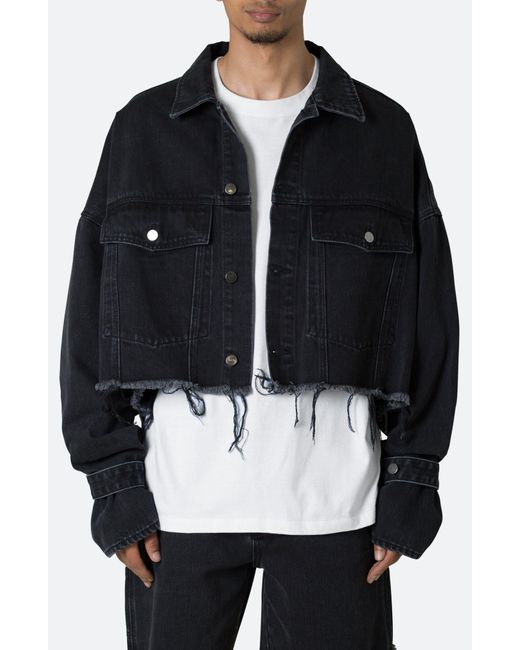 MNML Black Oversized Fray Hem Crop Denim Jacket for men