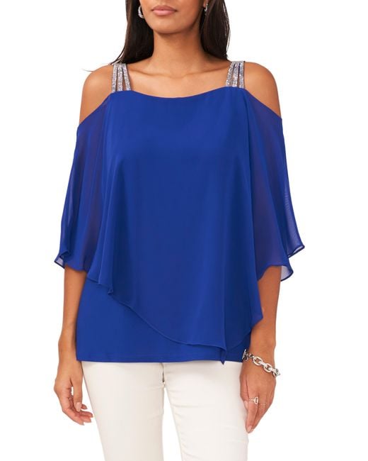 Chaus Blue Rhinestone Cold Shoulder Blouse