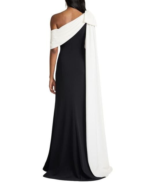 Tadashi Shoji Blue Bow Cape Detail One-Shoulder Gown