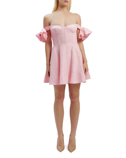 Bardot Pink Sigma Corset Off The Shoulder Linen Minidress