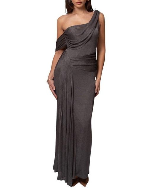 JLUXLABEL Gray Drape Metallic One-Shoulder Gown